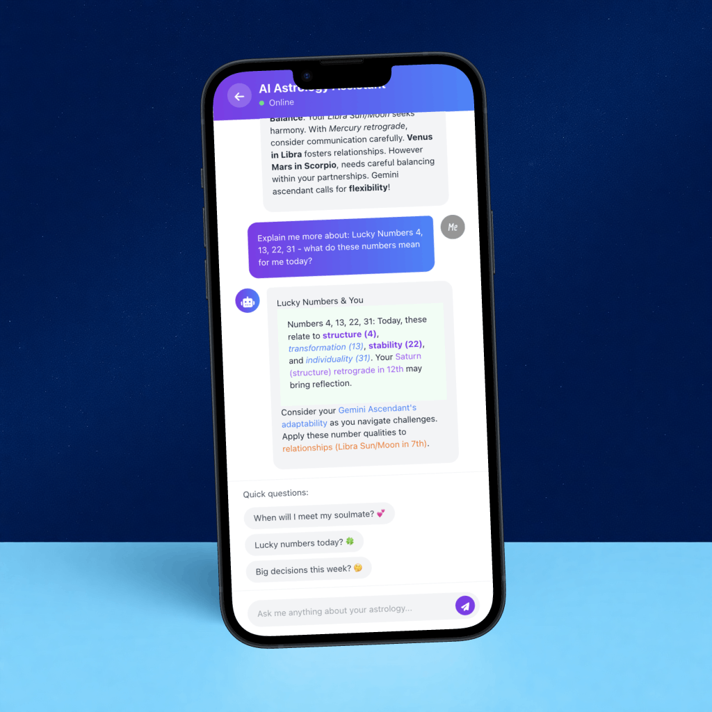 smartphone mockup showing AI chat interface with astrology assistant and cosmic design