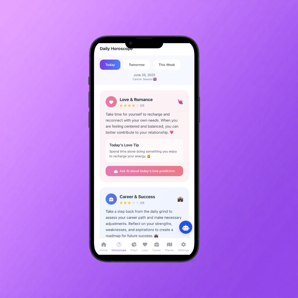 smartphone mockup showing daily horoscope interface with purple gradient and astrology symbols