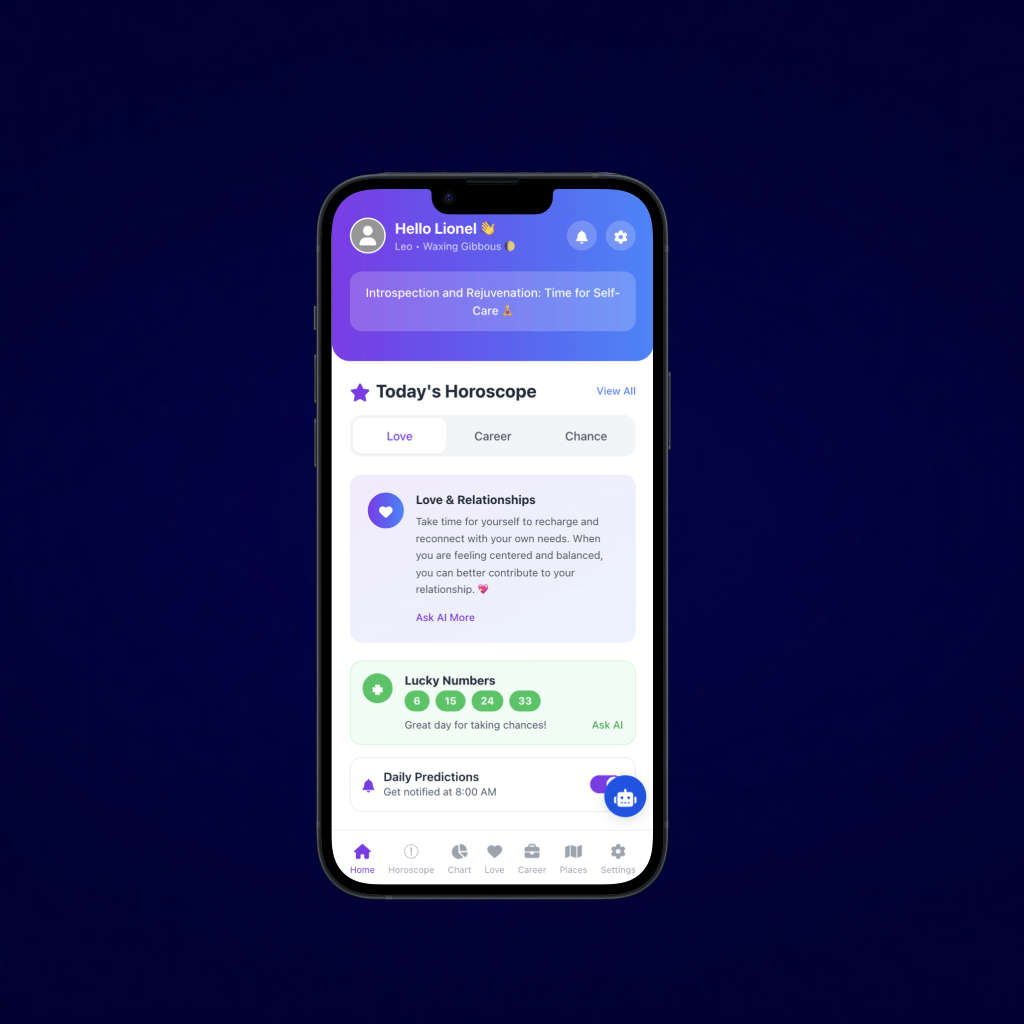 modern smartphone mockup showing astrology app interface with cosmic purple and blue gradient design