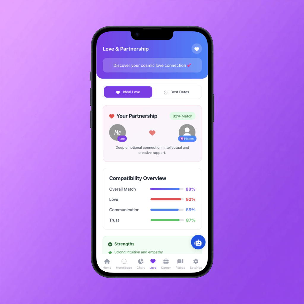 smartphone mockup showing compatibility analysis interface with heart symbols and cosmic design