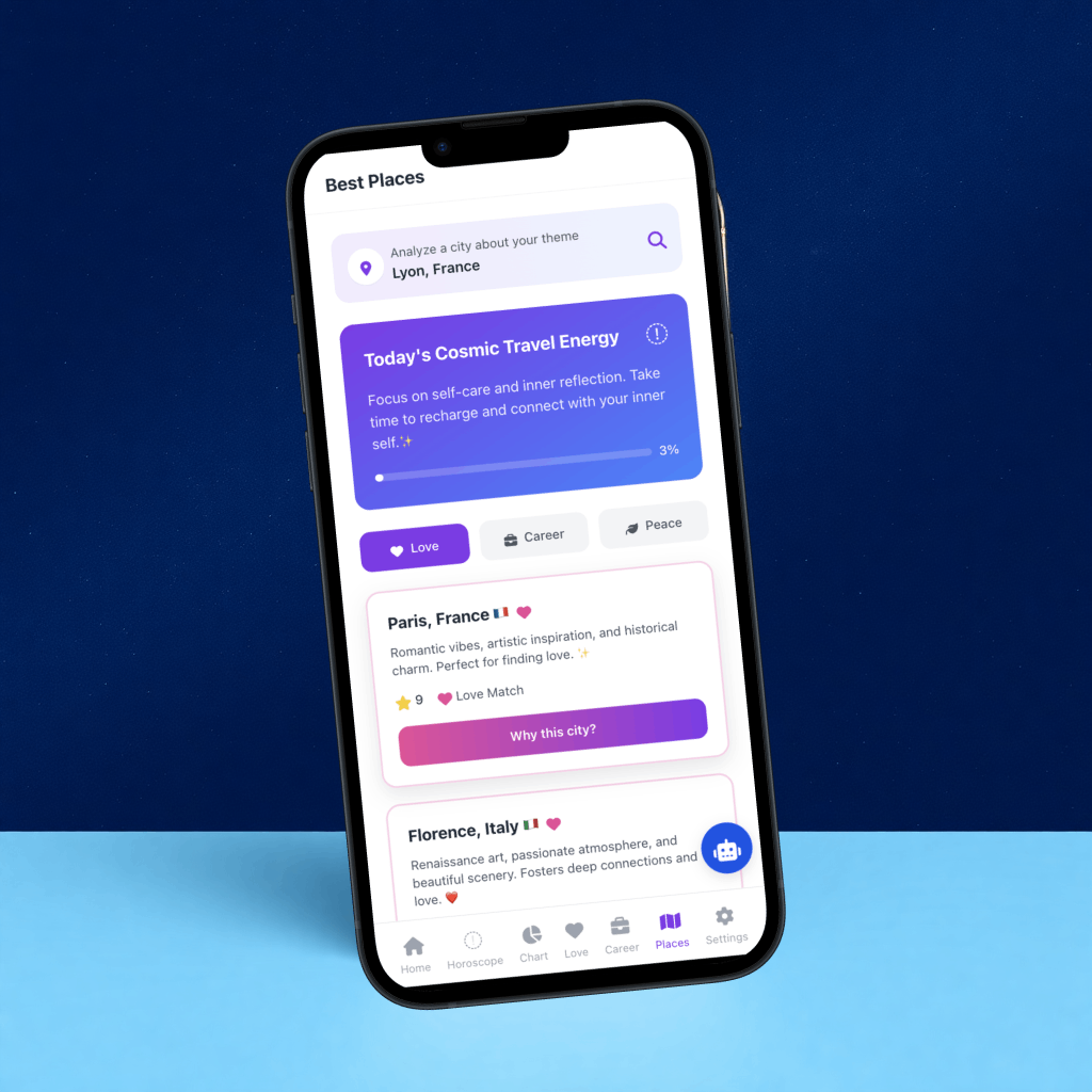 smartphone mockup showing location mapping interface with astrology-based recommendations